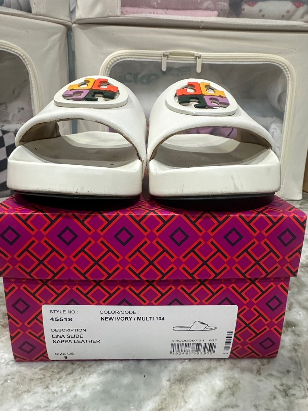 Tory Burch White Lina Slide Sandal with Multi-Color Logo